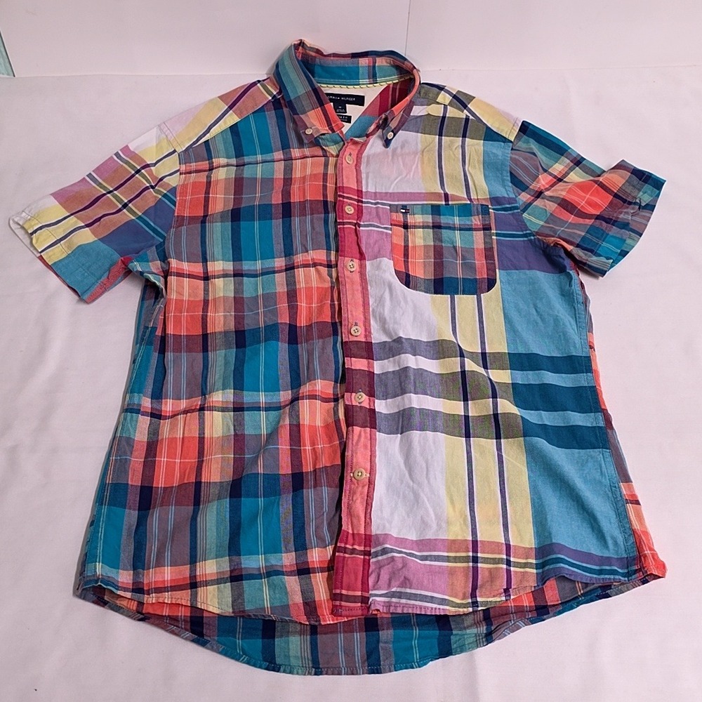 Tommy Hilfiger Button Down Shirt Womens M Multicolor Patchwork Plaid Custom Fit
